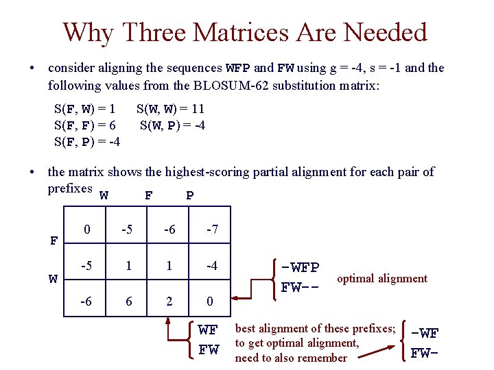 Why Three Matrices Are Needed • consider aligning the sequences WFP and FW using