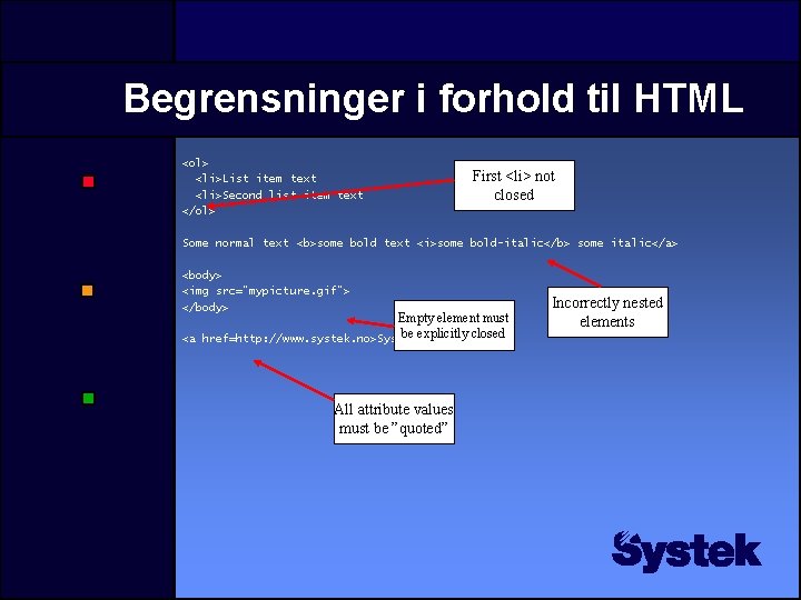 Begrensninger i forhold til HTML <ol> <li>List item text <li>Second list item text </ol> Begrensninger i forhold til HTML <ol> <li>List item text <li>Second list item text </ol>