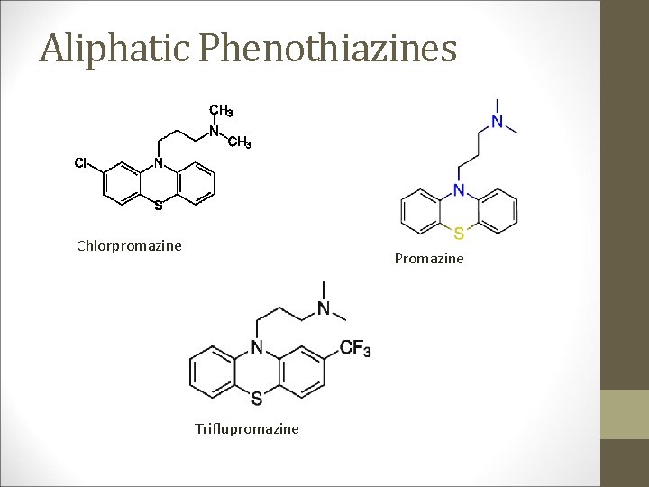 Aliphatic Phenothiazines Chlorpromazine Promazine Triflupromazine 