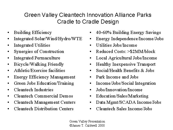 Green Valley Cleantech Innovation Alliance Parks Cradle to Cradle Design • • • •