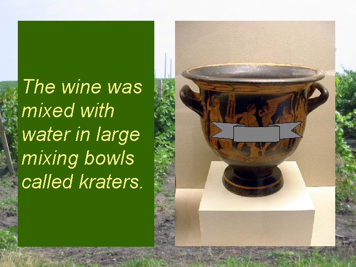 The wine was mixed with water in large mixing bowls called kraters. 