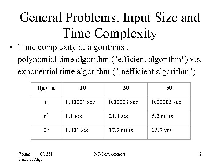 General Problems, Input Size and Time Complexity • Time complexity of algorithms : polynomial