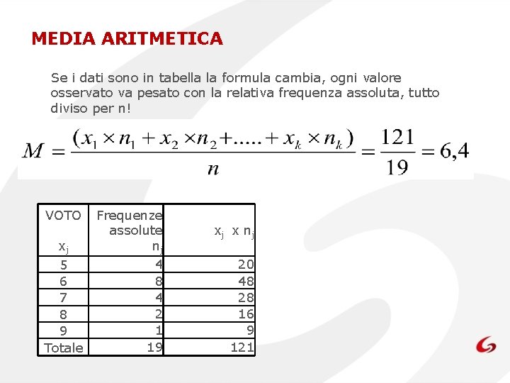 MEDIA ARITMETICA Se i dati sono in tabella la formula cambia, ogni valore osservato