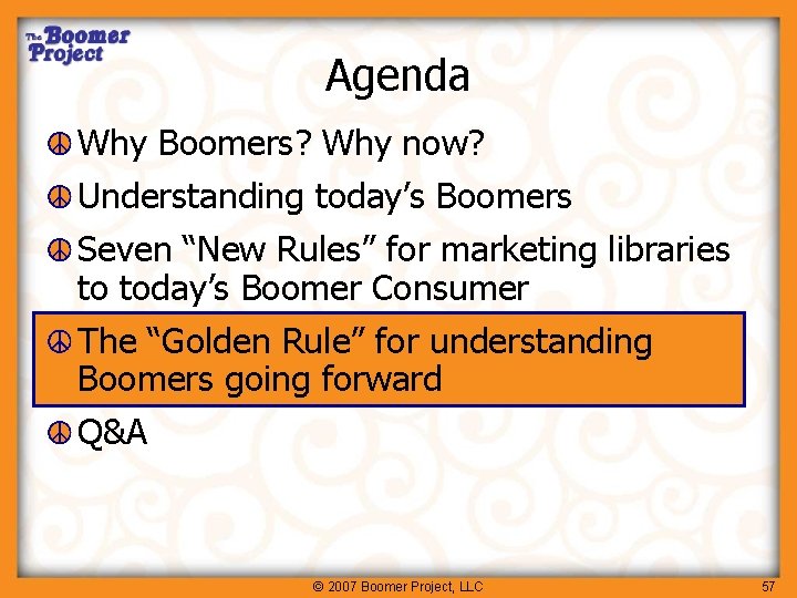Agenda Why Boomers? Why now? Understanding today’s Boomers Seven “New Rules” for marketing libraries