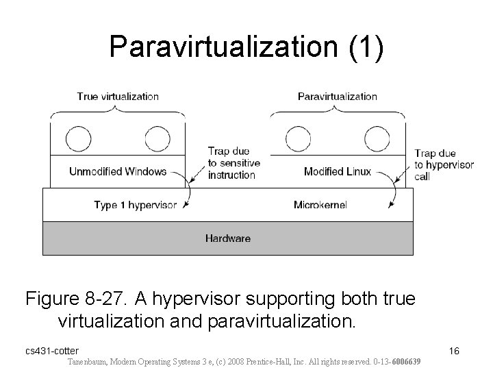 Paravirtualization (1) Figure 8 -27. A hypervisor supporting both true virtualization and paravirtualization. cs