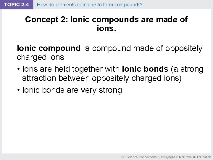 Concept 2: Ionic compounds are made of ions. Ionic compound: a compound made of