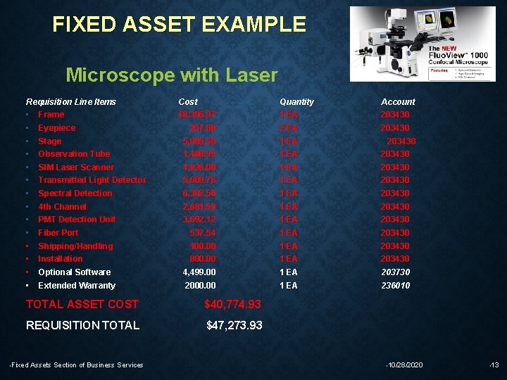 FIXED ASSET EXAMPLE Microscope with Laser Requisition Line Items Cost Quantity Account • •