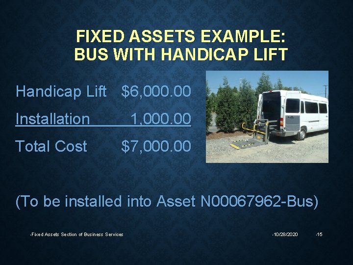 FIXED ASSETS EXAMPLE: BUS WITH HANDICAP LIFT Handicap Lift $6, 000. 00 Installation 1,
