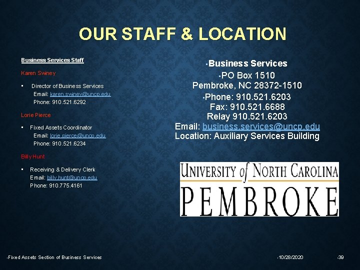 OUR STAFF & LOCATION Business Services Staff Karen Swiney • Director of Business Services