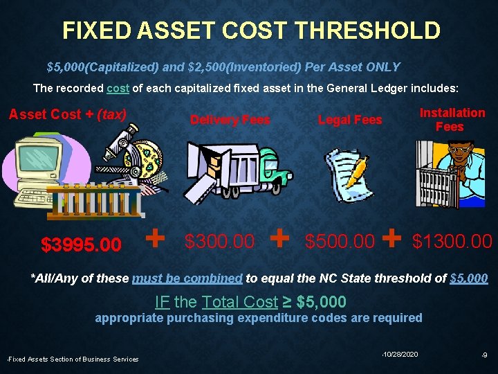 FIXED ASSET COST THRESHOLD $5, 000(Capitalized) and $2, 500(Inventoried) Per Asset ONLY The recorded