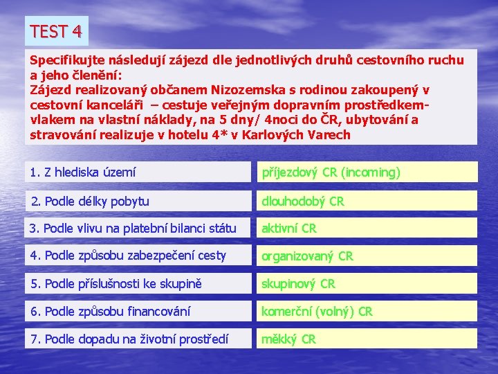 TEST 4 Specifikujte následují zájezd dle jednotlivých druhů cestovního ruchu a jeho členění: Zájezd