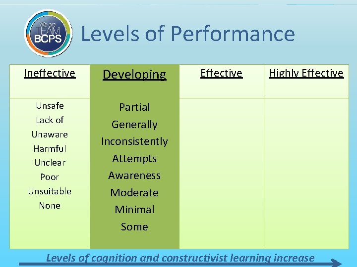 Levels of Performance Ineffective Developing Unsafe Lack of Unaware Harmful Unclear Poor Unsuitable None