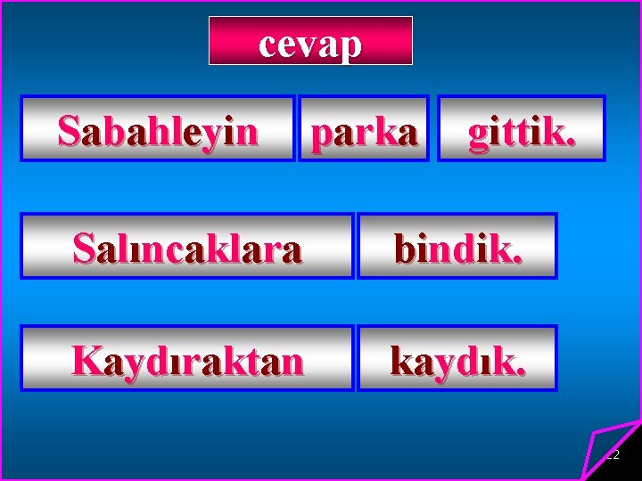 cevap Sabahleyin parka gittik. Salıncaklara bindik. Kaydıraktan kaydık. 22 