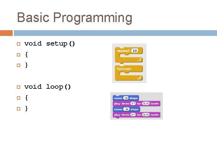 Basic Programming void setup() { } void loop() { } 