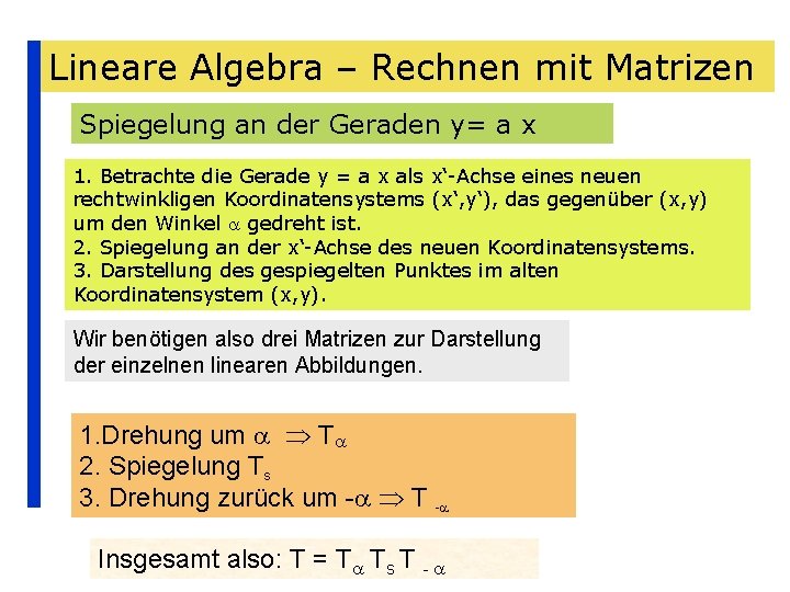 Lineare Algebra – Rechnen mit Matrizen Spiegelung an der Geraden y= a x 1.
