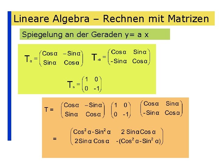 Lineare Algebra – Rechnen mit Matrizen Spiegelung an der Geraden y= a x T=