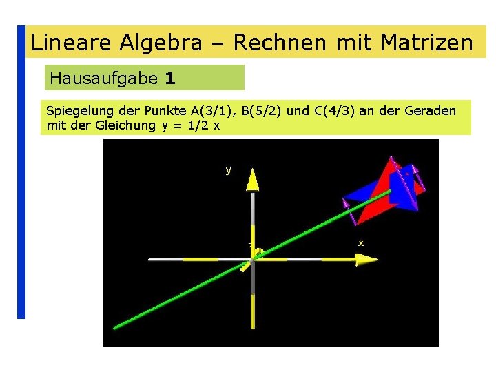 Lineare Algebra – Rechnen mit Matrizen Hausaufgabe 1 Spiegelung der Punkte A(3/1), B(5/2) und