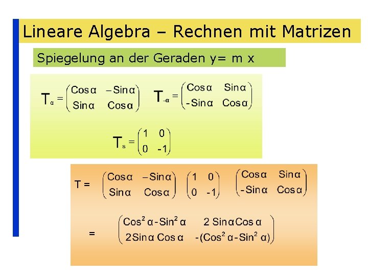 Lineare Algebra – Rechnen mit Matrizen Spiegelung an der Geraden y= m x T=