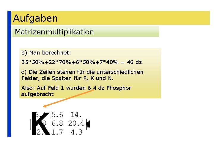 Aufgaben Matrizenmultiplikation b) Man berechnet: 35*50%+22*70%+6*50%+7*40% = 46 dz c) Die Zeilen stehen für