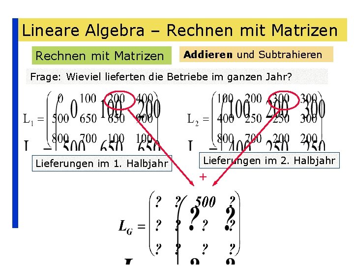 Lineare Algebra – Rechnen mit Matrizen Addieren und Subtrahieren Frage: Wieviel lieferten die Betriebe