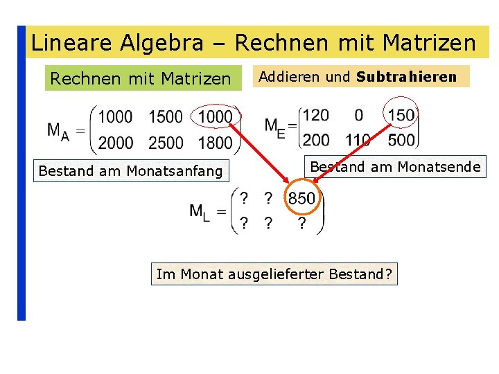 Lineare Algebra – Rechnen mit Matrizen Bestand am Monatsanfang Addieren und Subtrahieren Bestand am