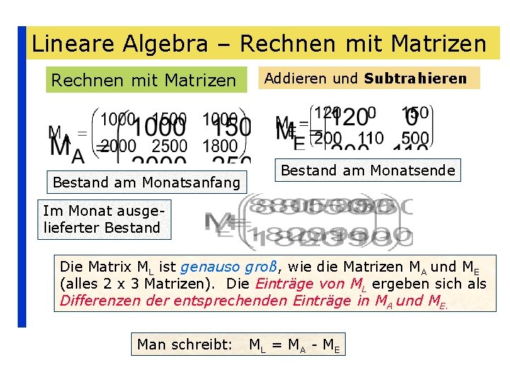Lineare Algebra – Rechnen mit Matrizen Bestand am Monatsanfang Addieren und Subtrahieren Bestand am