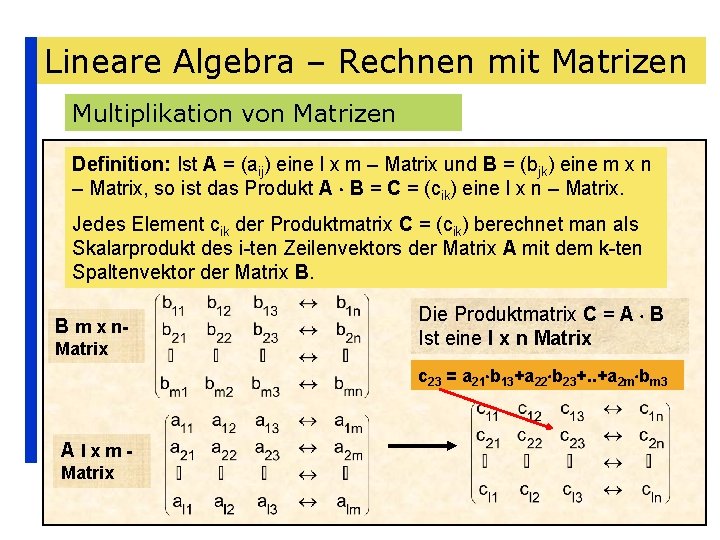 Lineare Algebra – Rechnen mit Matrizen Multiplikation von Matrizen Definition: Ist A = (aij)