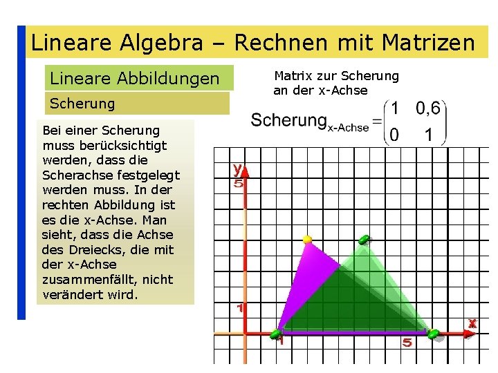 Lineare Algebra – Rechnen mit Matrizen Lineare Abbildungen Scherung Bei einer Scherung muss berücksichtigt