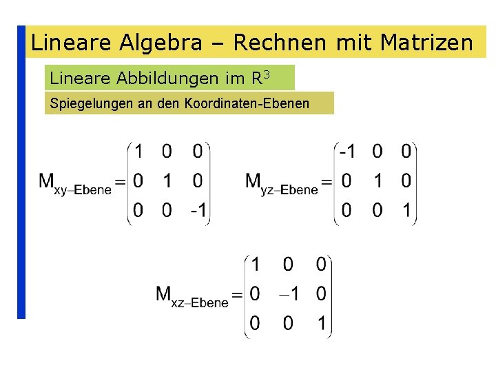 Lineare Algebra – Rechnen mit Matrizen Lineare Abbildungen im R 3 Spiegelungen an den