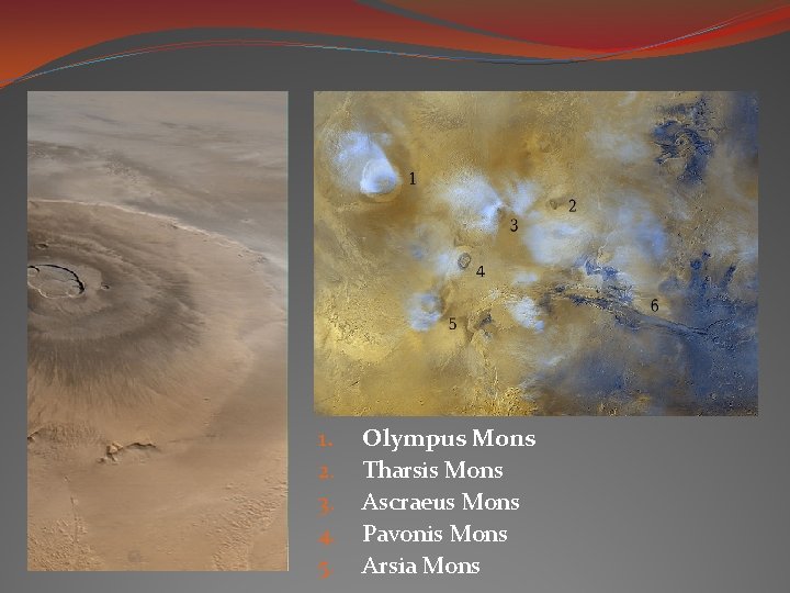 1. 2. 3. 4. 5. Olympus Mons Tharsis Mons Ascraeus Mons Pavonis Mons Arsia