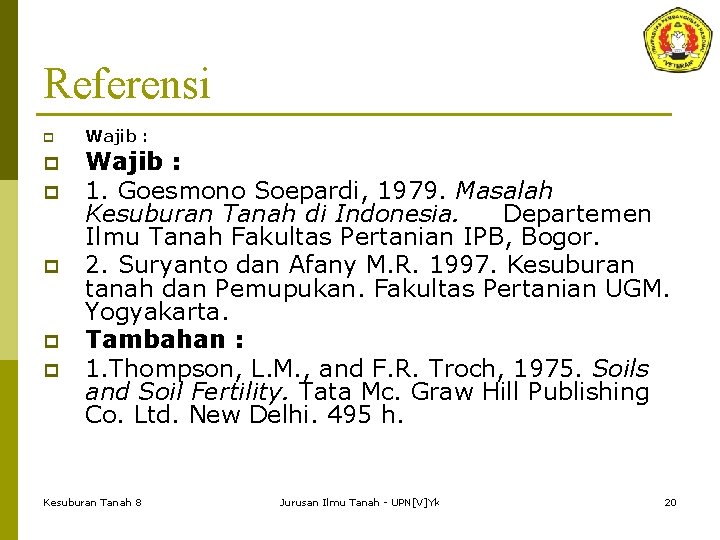 Referensi p p p Wajib : 1. Goesmono Soepardi, 1979. Masalah Kesuburan Tanah di