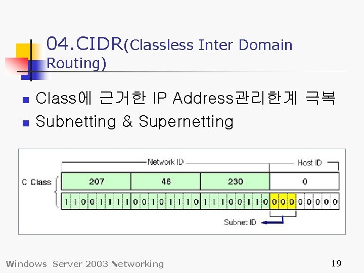 04. CIDR(Classless Inter Domain Routing) n n Class에 근거한 IP Address관리한계 극복 Subnetting &