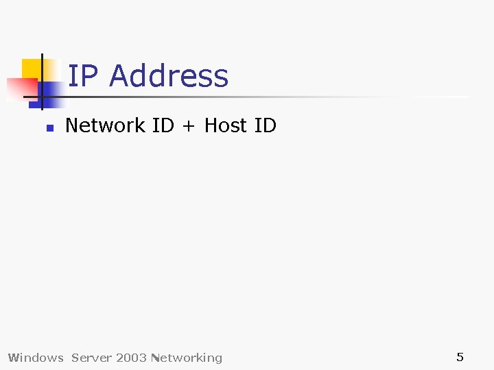 IP Address n Network ID + Host ID Windows Server 2003 Networking 5 