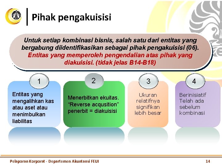 Pihak pengakuisisi Untuk setiap kombinasi bisnis, salah satu dari entitas yang bergabung diidentifikasikan sebagai