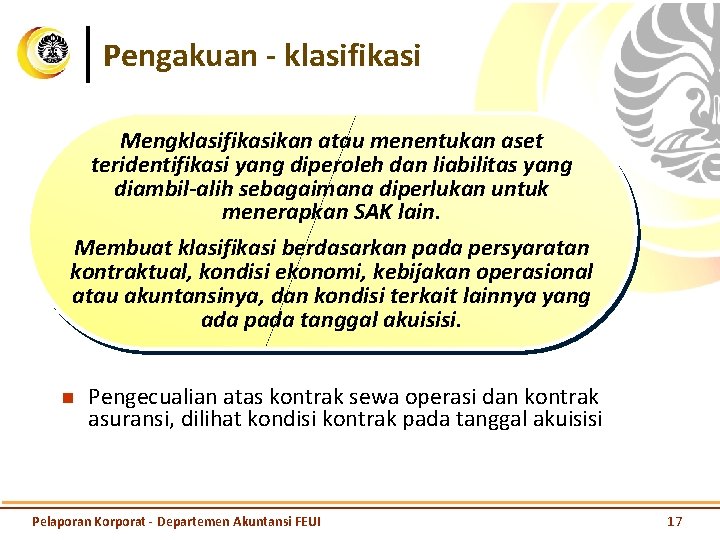 Pengakuan - klasifikasi Mengklasifikasikan atau menentukan aset teridentifikasi yang diperoleh dan liabilitas yang diambil-alih