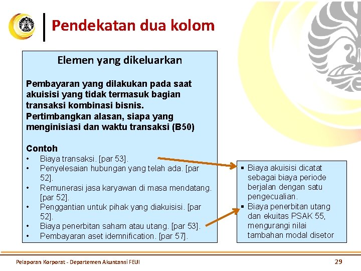 Pendekatan dua kolom Elemen yang dikeluarkan Pembayaran yang dilakukan pada saat akuisisi yang tidak