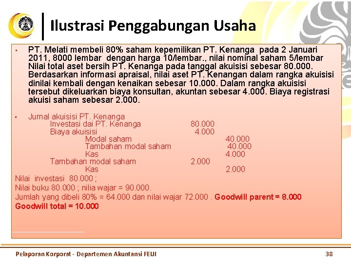 Ilustrasi Penggabungan Usaha • PT. Melati membeli 80% saham kepemilikan PT. Kenanga pada 2