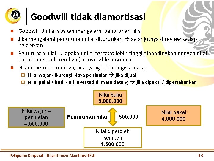 Goodwill tidak diamortisasi n n Goodwill dinilai apakah mengalami penurunan nilai Jika mengalami penurunan