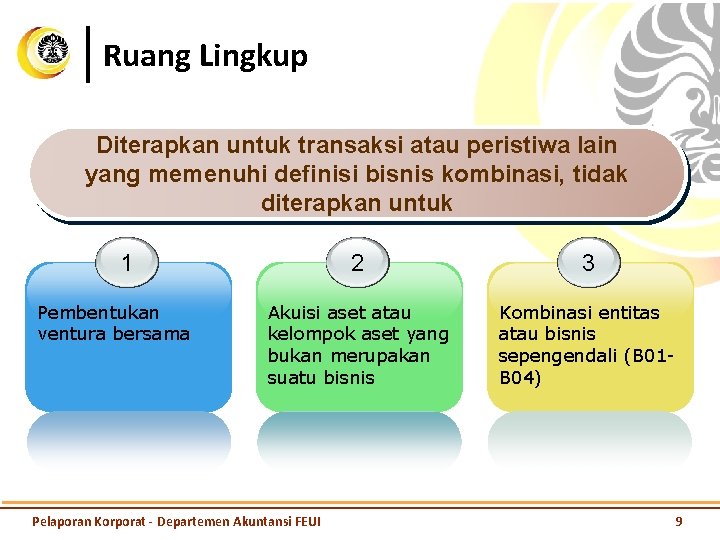 Ruang Lingkup Diterapkan untuk transaksi atau peristiwa lain yang memenuhi definisi bisnis kombinasi, tidak