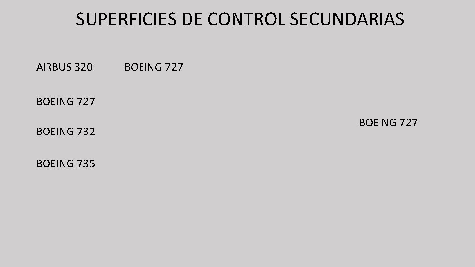 SUPERFICIES DE CONTROL SECUNDARIAS AIRBUS 320 BOEING 727 BOEING 732 BOEING 735 BOEING 727