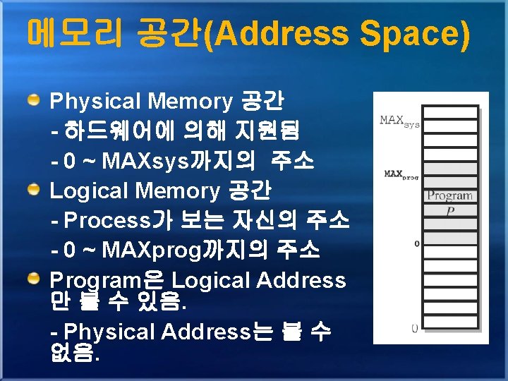 메모리 공간(Address Space) Physical Memory 공간 - 하드웨어에 의해 지원됨 - 0 ~ MAXsys까지의 메모리 공간(Address Space) Physical Memory 공간 - 하드웨어에 의해 지원됨 - 0 ~ MAXsys까지의
