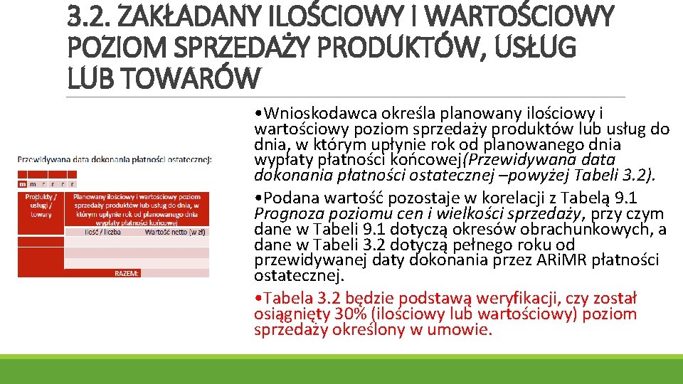 3. 2. ZAKŁADANY ILOŚCIOWY I WARTOŚCIOWY POZIOM SPRZEDAŻY PRODUKTÓW, USŁUG LUB TOWARÓW • Wnioskodawca