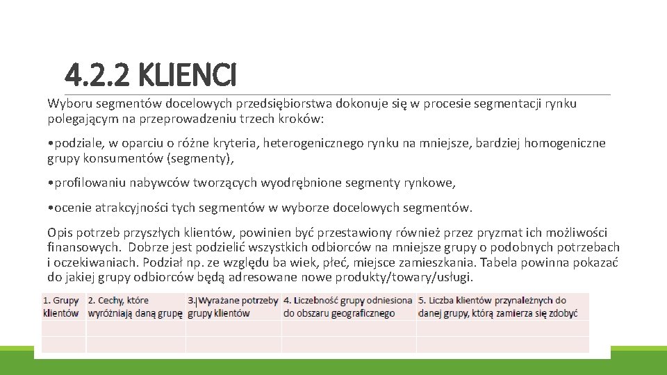 4. 2. 2 KLIENCI Wyboru segmentów docelowych przedsiębiorstwa dokonuje się w procesie segmentacji rynku