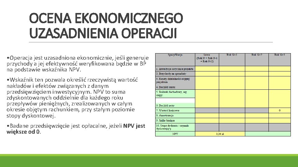 OCENA EKONOMICZNEGO UZASADNIENIA OPERACJI • Operacja jest uzasadniona ekonomicznie, jeśli generuje przychody a jej