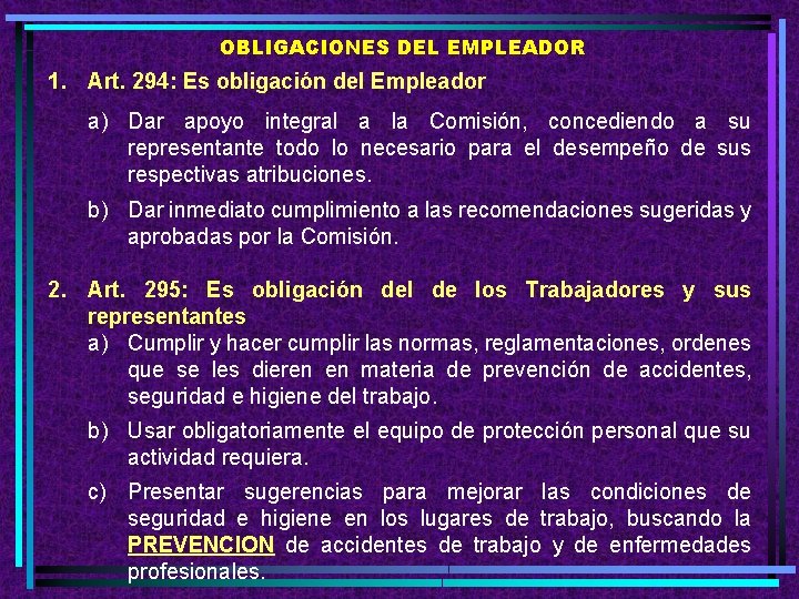 OBLIGACIONES DEL EMPLEADOR 1. Art. 294: Es obligación del Empleador a) Dar apoyo integral