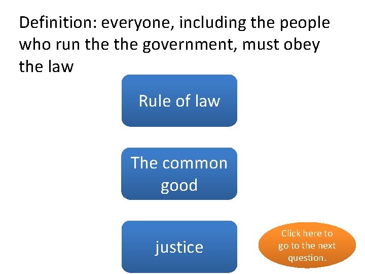 Definition: everyone, including the people who run the government, must obey the law Ruleyes