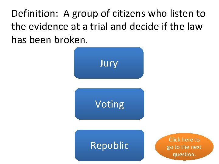 Definition: A group of citizens who listen to the evidence at a trial and