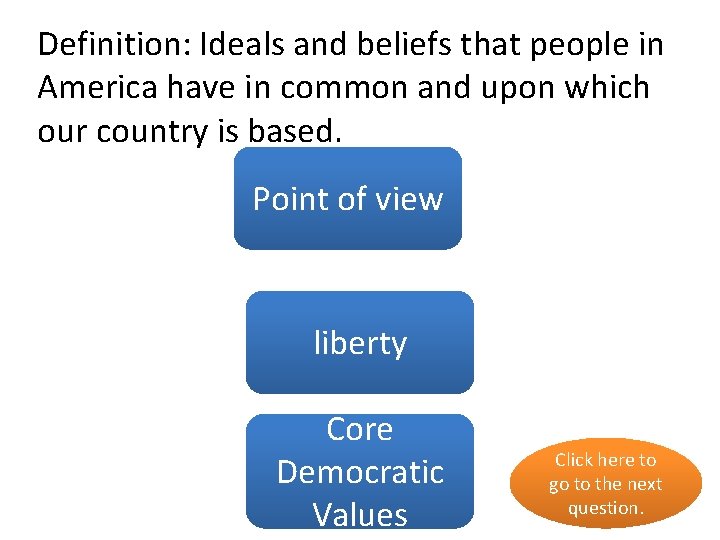 Definition: Ideals and beliefs that people in America have in common and upon which