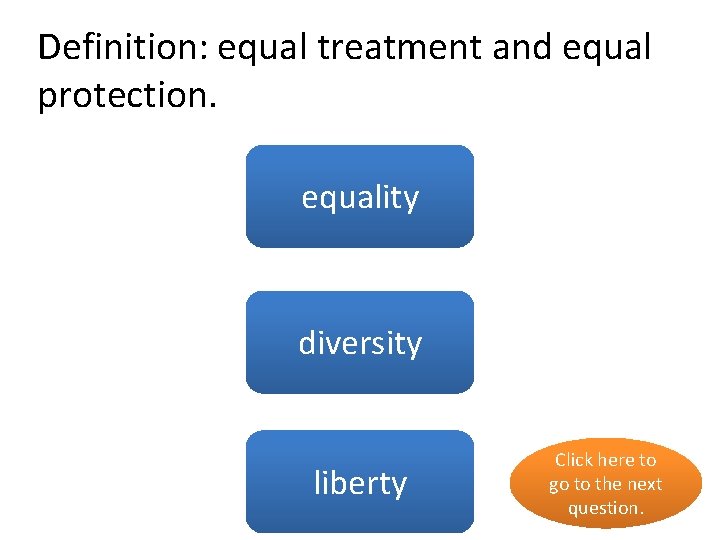 Definition: equal treatment and equal protection. equality yes no diversity liberty no Click here