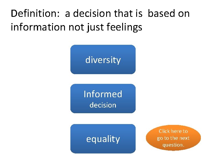 Definition: a decision that is based on information not just feelings no diversity Informed